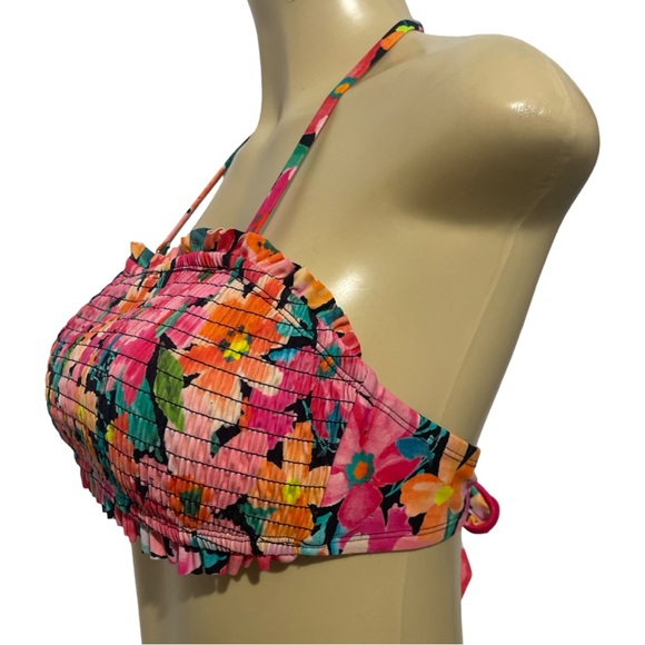 Floral Pink Smocked Bandeau Mid Rise Two Piece Bikini Set Adjustable Halter Top - Picture 8 of 15